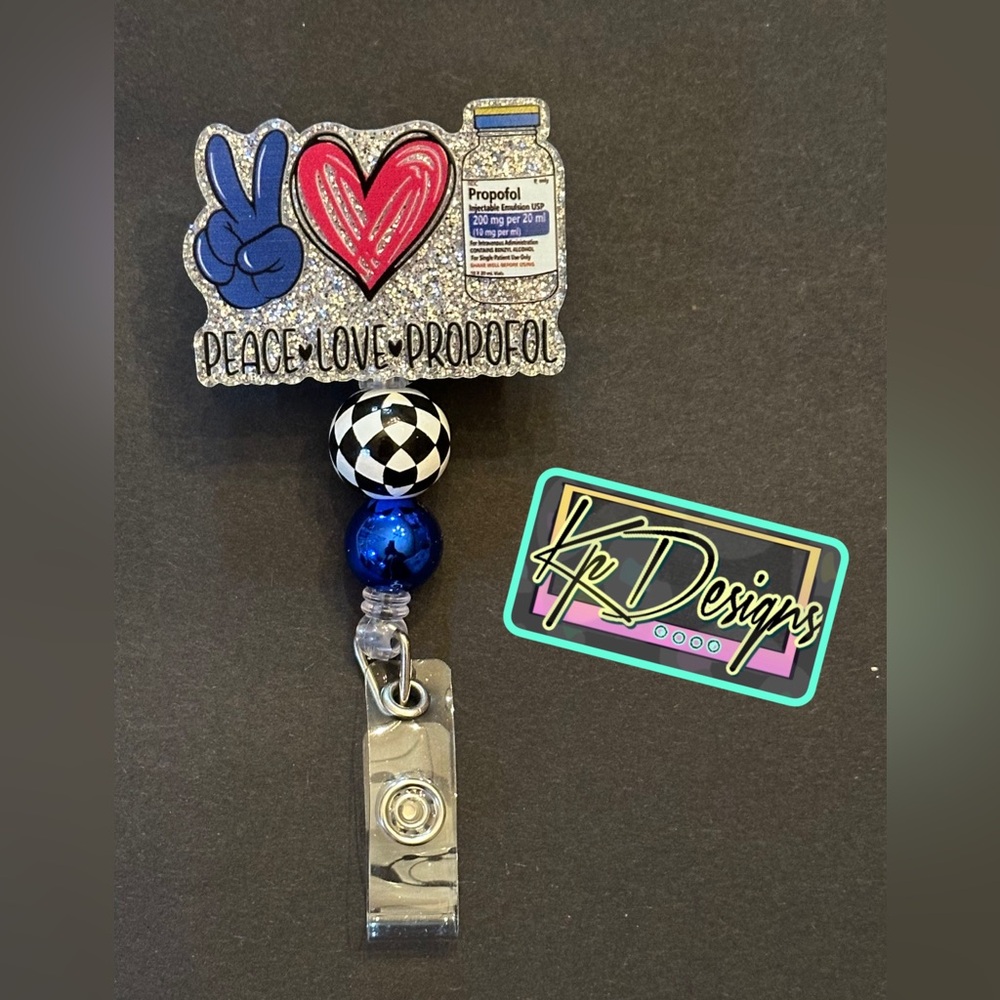 Peace Love Profolol badge reel with beads